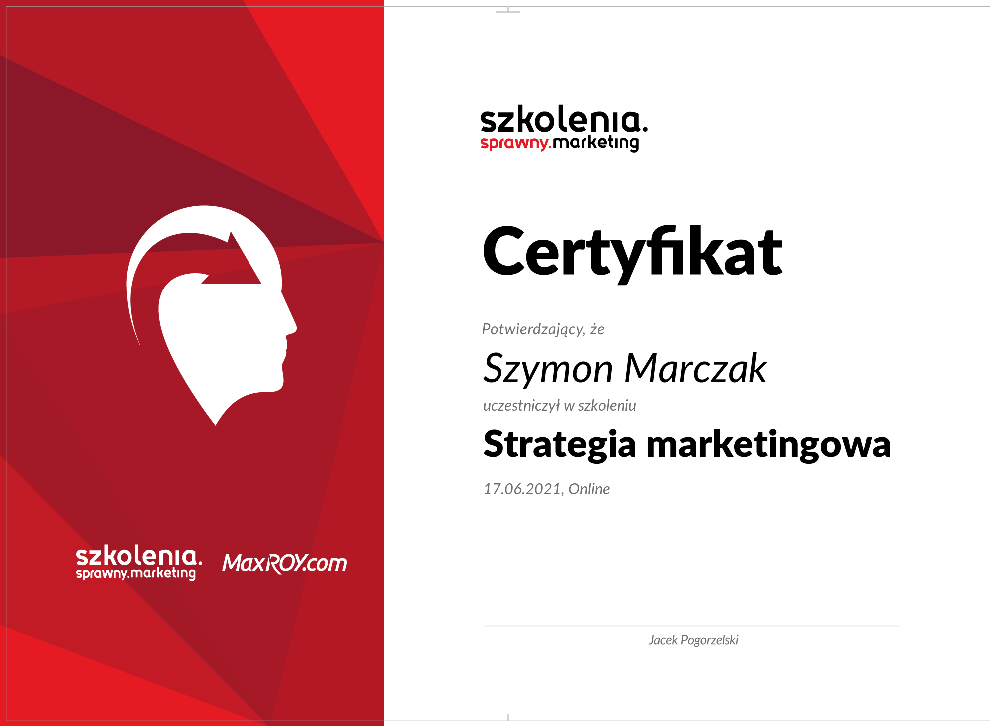 certyfikat Szymon Marczak Strategia Marketingowa
